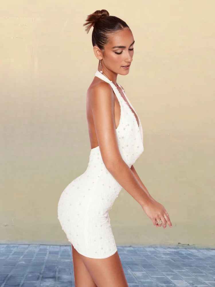 Sexy Chic Slim-fit Sheath Skirt With A Designer Touch Beaded Cut-out Halter-neck Mini Dress