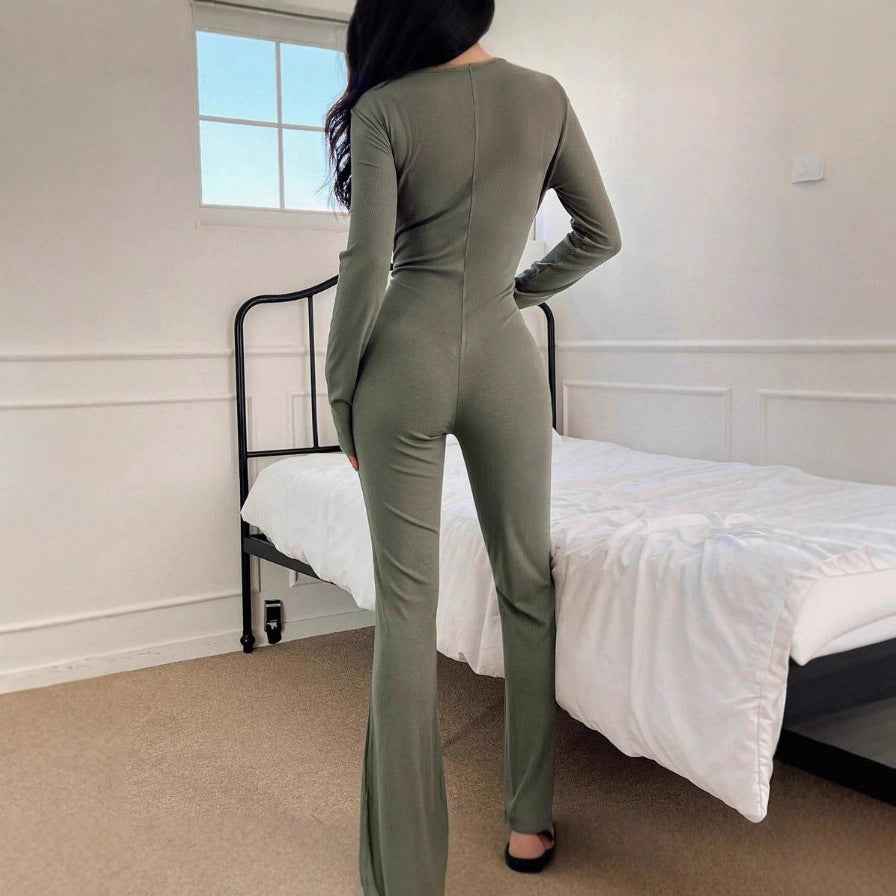 Polo-collar Knitted Long-sleeve Sport Jumpsuit