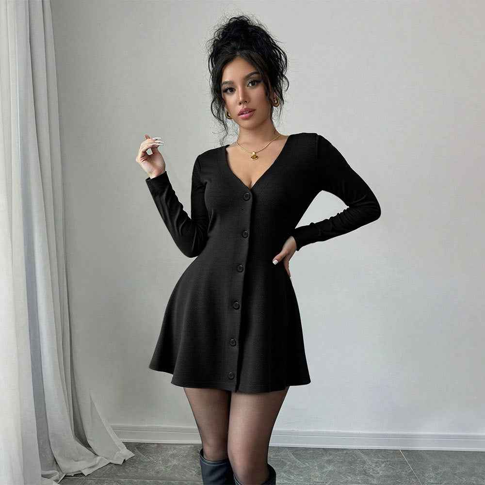 Pure And Alluring Black V-neck Long-sleeve Knit Dress